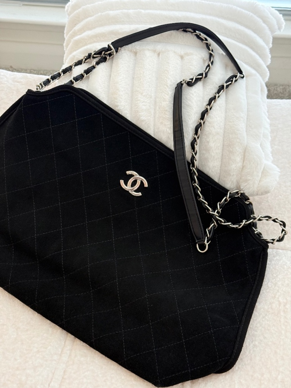 Black Quilted Suede Oversized Shoulder Tote with Silver-Tone Chain Straps